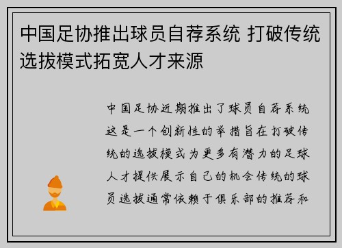 中国足协推出球员自荐系统 打破传统选拔模式拓宽人才来源